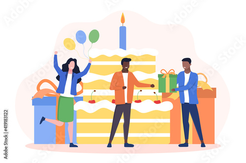 Happy birthday celebration party concept. Multiracial people have fun and give a gift to afro-american birthday boy. Flat cartoon faceless vector illustration. Simple art isolated on white background.