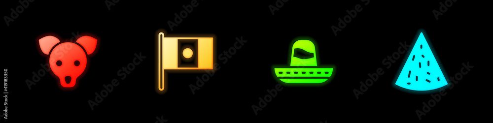 Fototapeta premium Set Dog, Mexico flag, Mexican sombrero and Nachos icon. Vector.