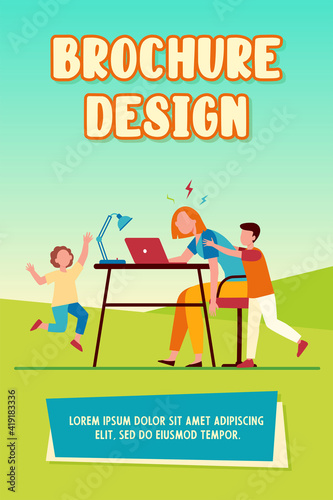 Tired mom working at laptop at home. Active kids bothering freelance mother flat vector illustration. Motherhood, lockdown, distance work concept for banner, website design or landing web page