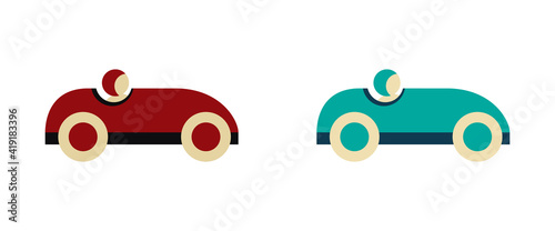 Car icon in two retro colors isolated on transparent background. Kids toy illustration in red and turquoise