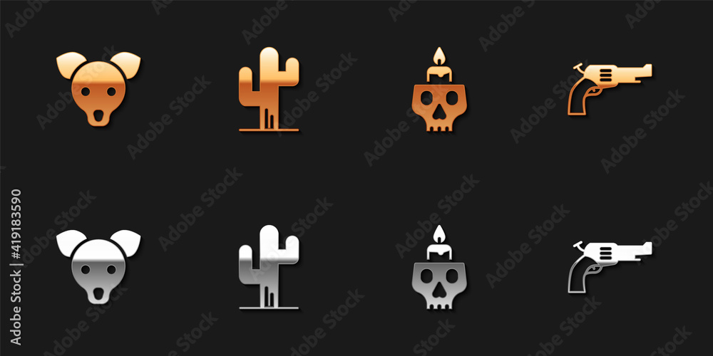 Set Dog, Cactus, Burning candle on skull and Revolver gun icon. Vector.