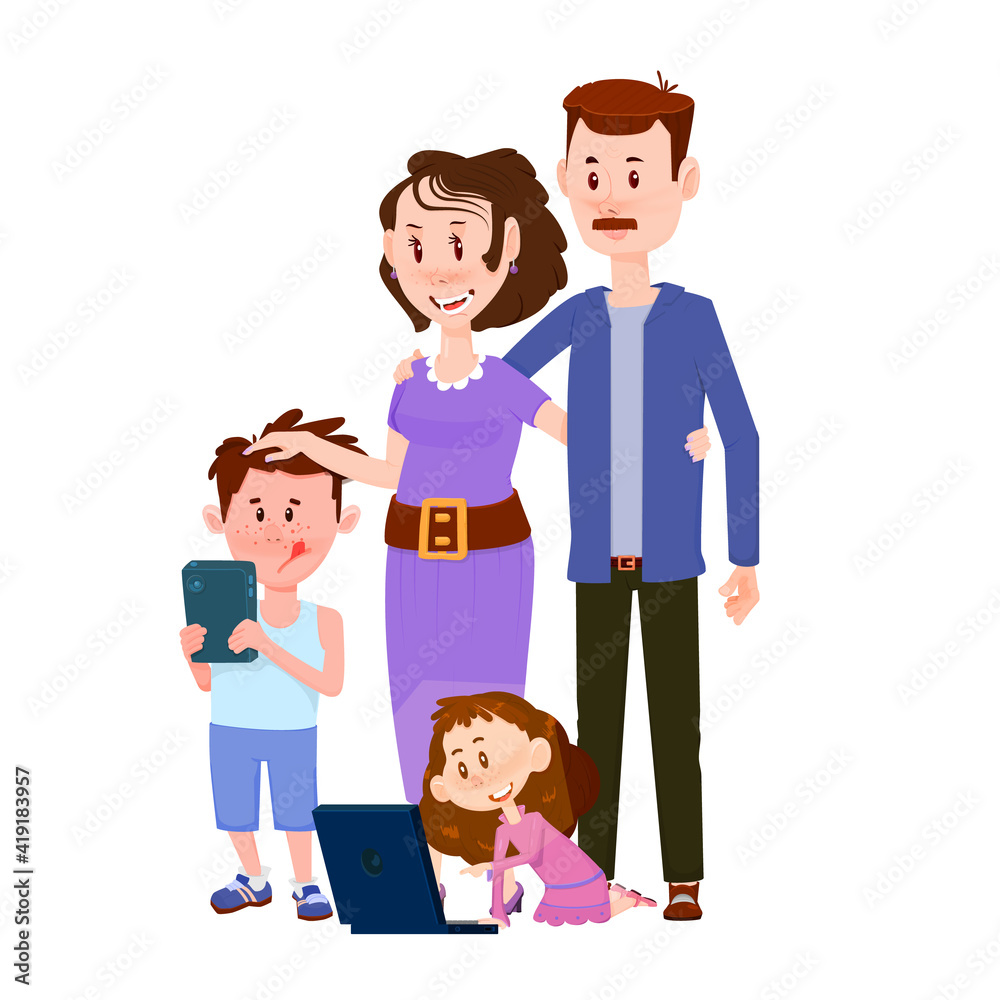 Happy married couple with children boy and girl - flat characters. Happy married couple with children boy and girl - flat characters.