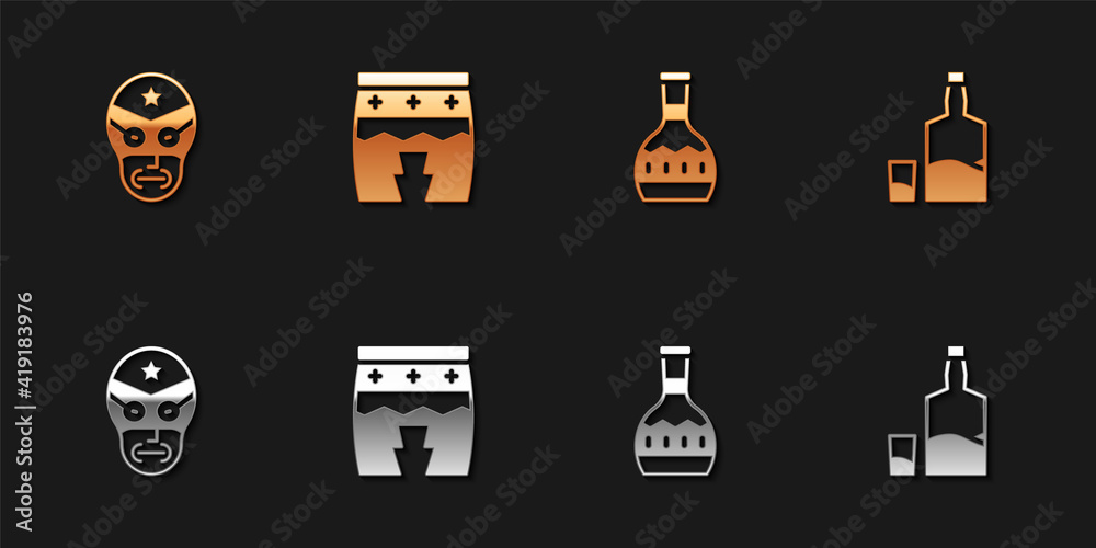 Set Mexican wrestler, Huehuetl, Tequila bottle and and glass icon. Vector.