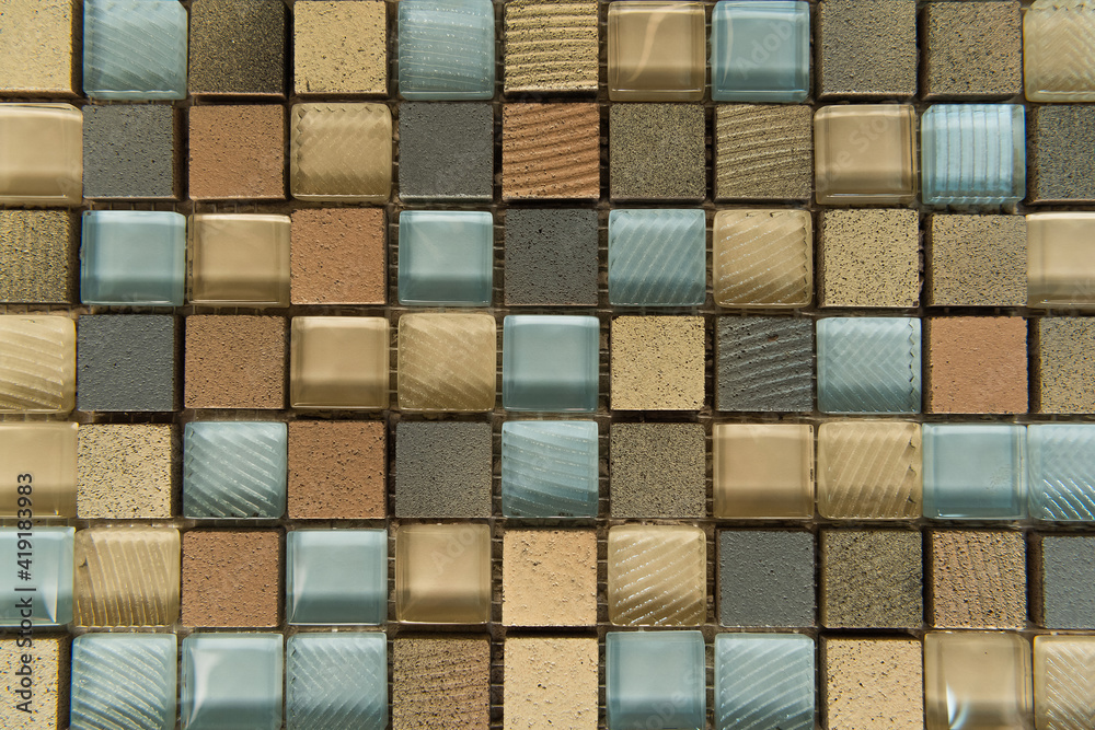 background of glass and stone multicolored tiles, top view