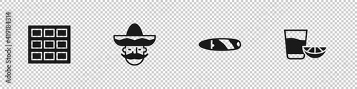 Set Chocolate bar, Mexican man sombrero, Cigar and Tequila glass with lemon icon. Vector.