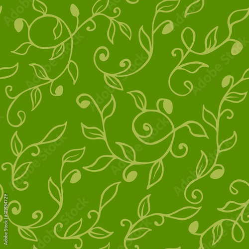 seamless floral pattern of shoots with leaves and curls in olive green shades