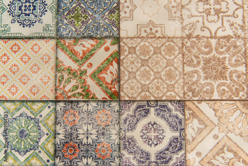 background of tiles with orient, multicolored ornamental pattern, top view