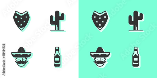 Set Tabasco sauce, Poncho, Mexican man sombrero and Cactus icon. Vector.