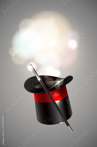 Magic vector background. Vector illustration. Magic cylinder hat and wand with magical glow.