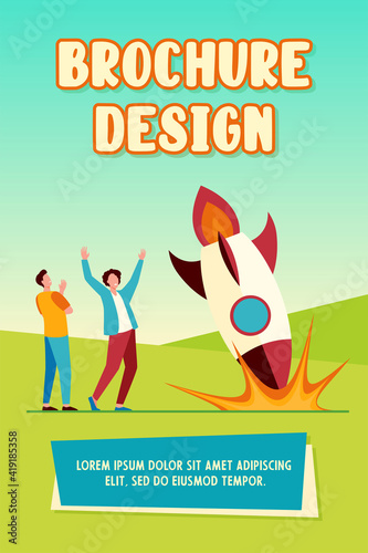 Anxious guys watching as rocket falling down. Accident, explosion, problem flat vector illustration. Failure and bankruptcy concept for banner, website design or landing web page