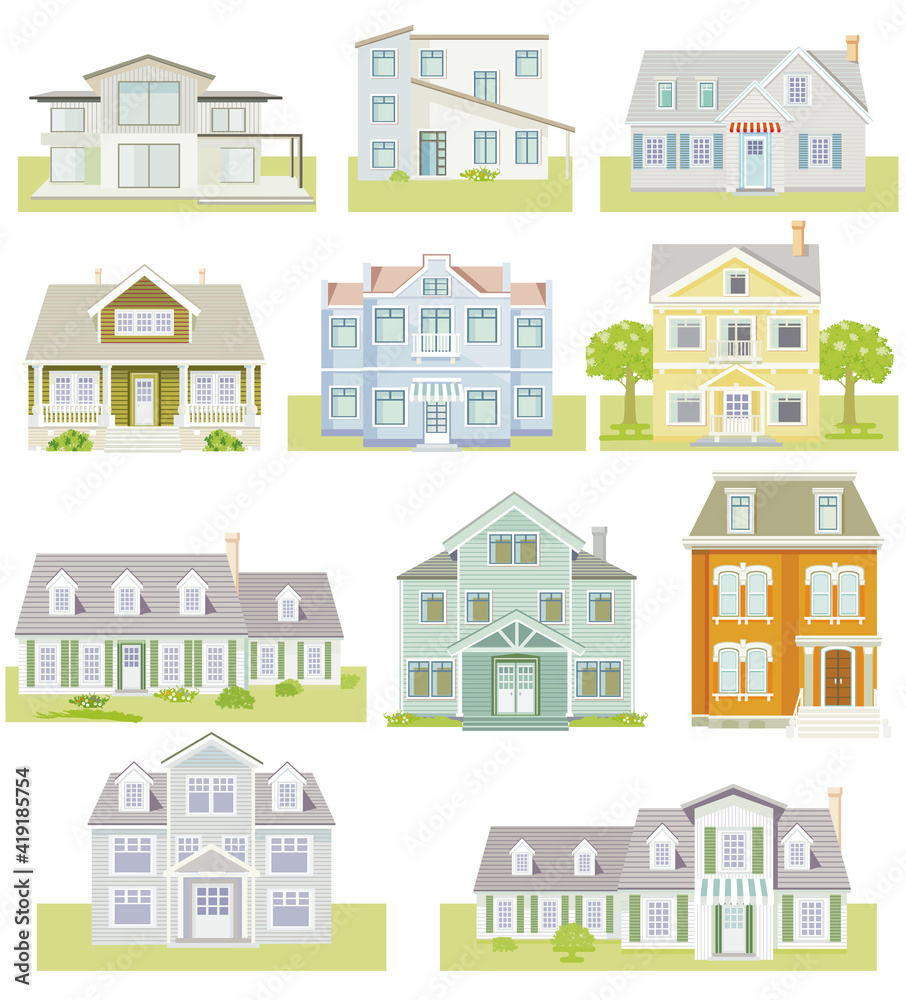 Set von Häusern und Wohnhäuser, Landhäuser, Holzhäuser, Familien Häuser, illustration