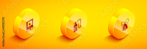 Set Isometric Book about insect, Pressure sprayer and Clothes moth icon. Vector.