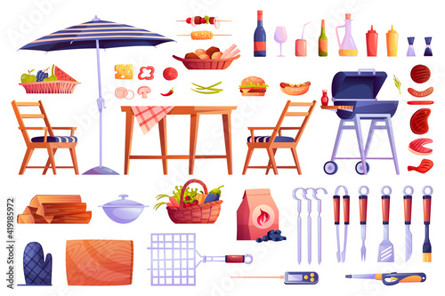 Grill and barbecue icons set, food and grilling equipment isolated. Vector bbq meat, skewers forks, table and chair, basket with fruits and vegetables, cartoon picnic element. Hamburger, wine drink