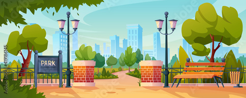 Entrance to city park, green trees and street lamps, skyscrapers on background. Vector urban garden with flower beds, wooden benches seat, summer or spring scenery. Hedge of bricks, seats, blue sky