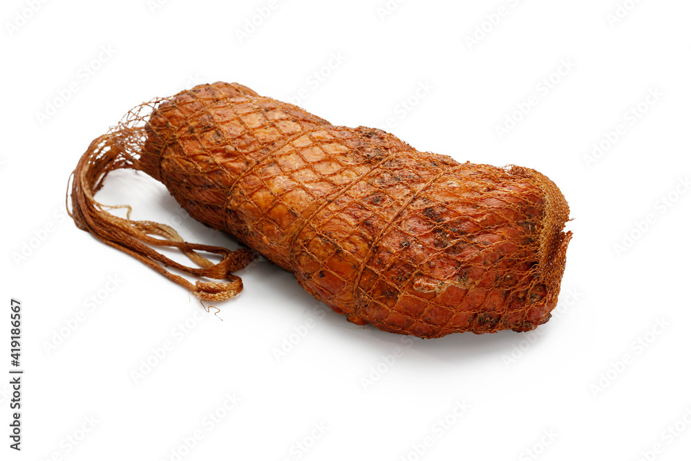 Smoked loin, sirloin in herbs in one piece, in netting, isolated on a white background. A homemade, smoked cold cuts. Traditional meat product, a packshot photo, for package design, template.