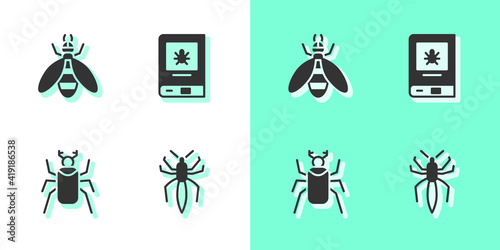 Set Spider, Bee, Beetle bug and Book about insect icon. Vector.