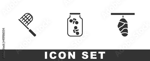 Set Butterfly net, Fireflies bugs in a jar and cocoon icon. Vector.