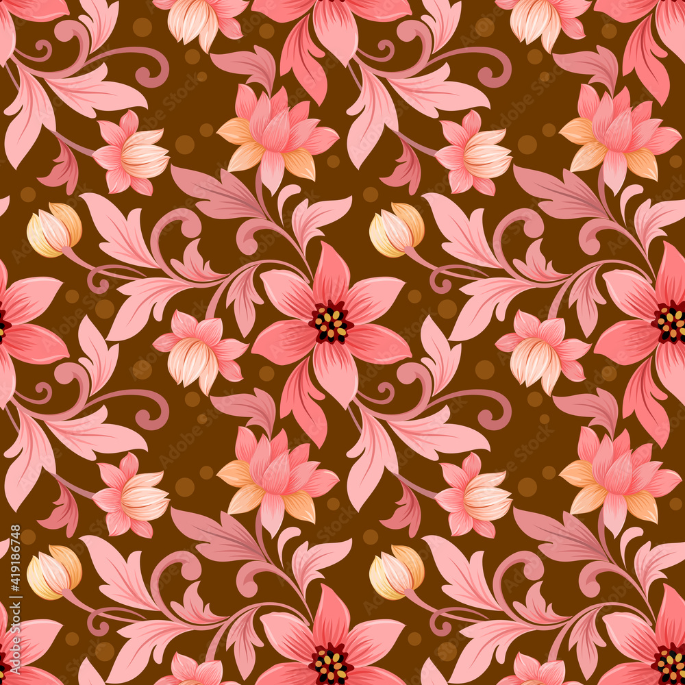 Monochrome old rose color flowers seamless pattern. Abstract floral wallpaper background design.