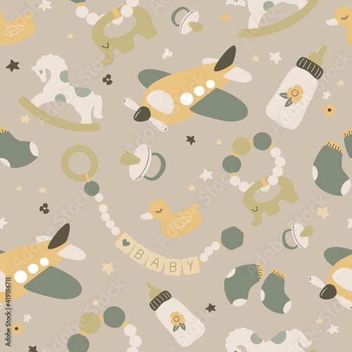 Boho newborn baby seamless pattern. Icons of baby items.