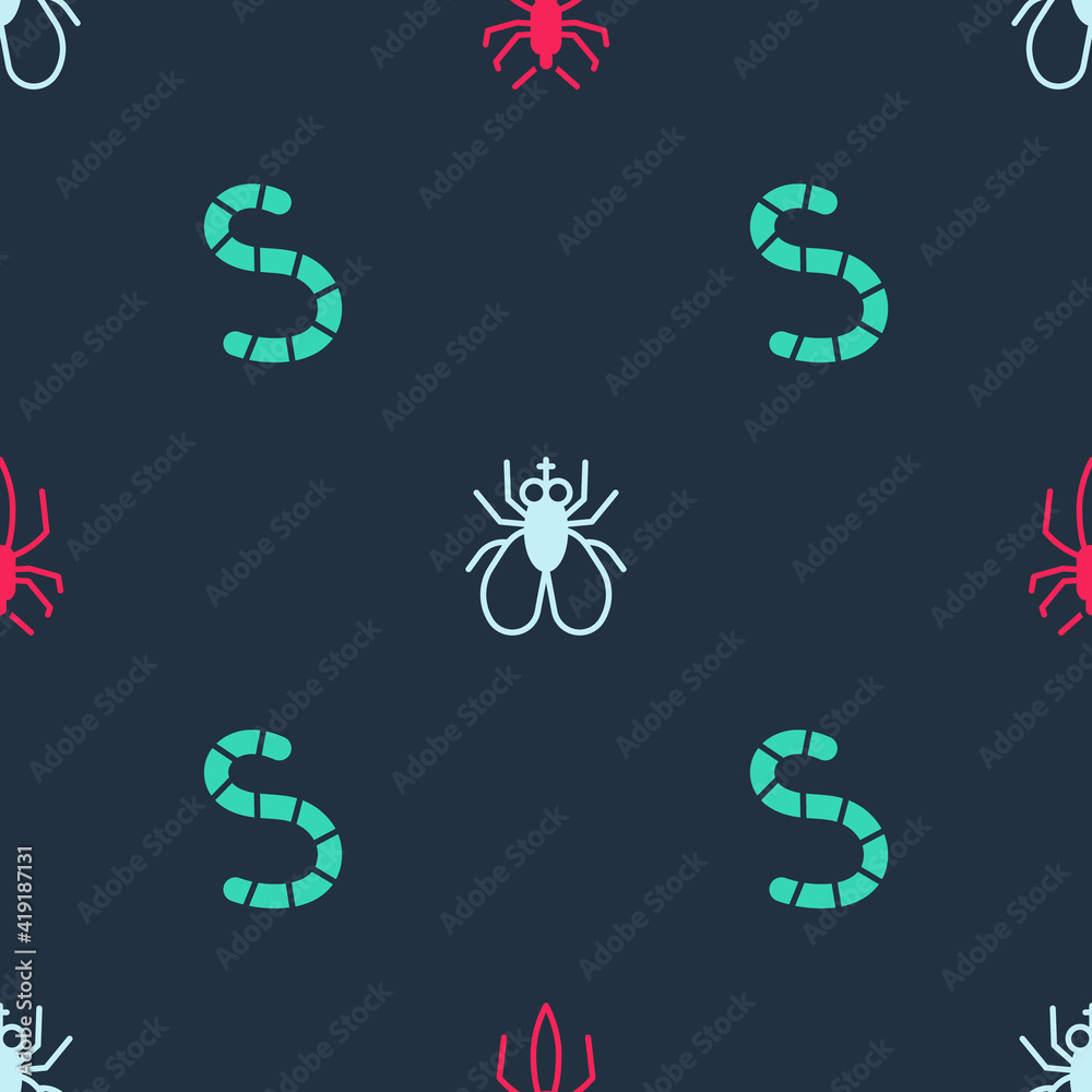 Set Spider, Insect fly and Worm on seamless pattern. Vector. Set Spider, Insect fly and Worm on seamless pattern. Vector.