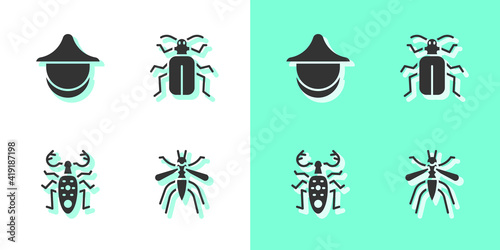 Set Mosquito, Beekeeper hat, Beetle deer and Chafer beetle icon. Vector.