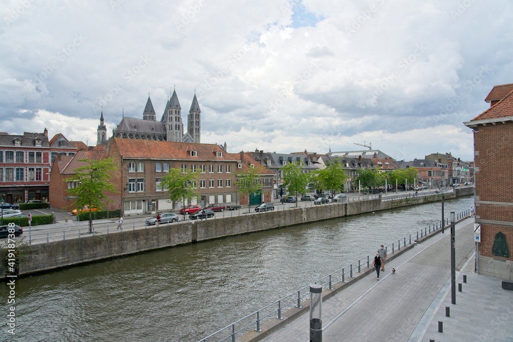 Tournay Belgium - 3 August 2020 - River Scheldt in downtown Tournai (Doornik) in Belgium
