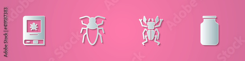 Set paper cut Book about insect, Cockroach, Beetle deer and Glass jar icon. Paper art style. Vector.