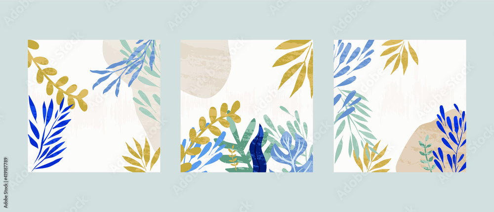 Set of 3 Illustration vector EPS 10 hand drawn print. Painted abstract geometric shapes. Contemporary aesthetic boho mid century modern Scandinavian nordic art design style with botanical garden plant
