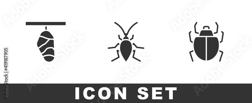 Set Butterfly cocoon, Cockroach and Mite icon. Vector.
