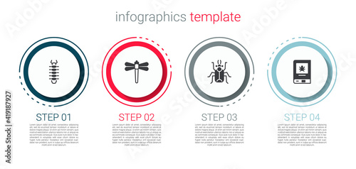 Set Centipede, Dragonfly, Beetle bug and Book about insect. Business infographic template. Vector.