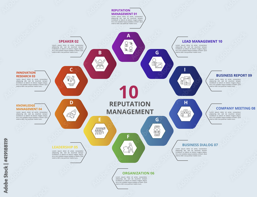 Infographic Reputation Management template. Icons in different colors. Include Reputation Management, Speaker, Knowledge Management, Innovation Research and others. Infographic Reputation Management template. Icons in different colors. Include Reputation Management, Speaker, Knowledge Management, Innovation Research and others.