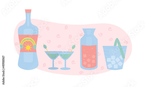 Set with martini botle, two glass with olive, ice and juice. Party, pub, restoraunt or club elements. alcohol coctail with vermouth. Vector illustration, isolated on a white background.