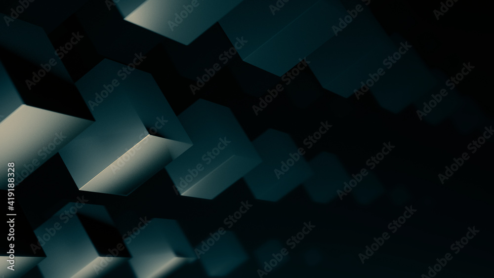 Obraz premium Abstract fly squares shapes background. Virtual Technology Background. 3D Big Data Digital squares. Abstract 3d render, rotating cubes, geometric background, Technological and connection background
