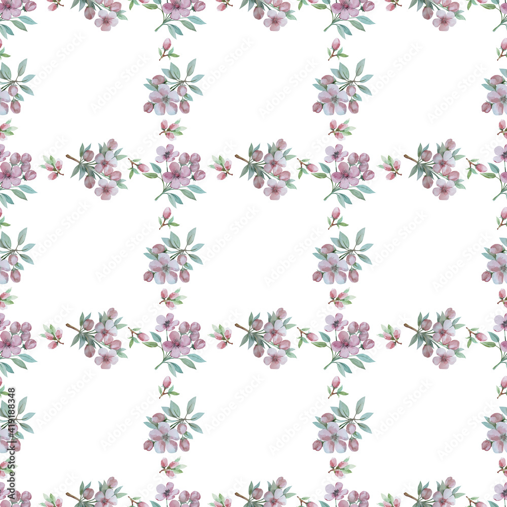 Watercolor floral pattern. Apple tree flowers. Design for printing on textiles, packaging, wallpaper.