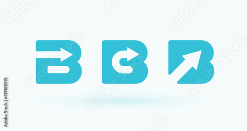 Letter B set with arrow inside, flat cartoon style vector logo concept. Business button, isolated icon on white background. Banking symbol for business and developing startup