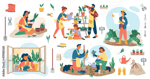 People planting flowers in garden, man and woman gardener s potting plants and veggies isolated flat cartoon set. Vector landscape designers and farming equipment. Spade, water can, flowerpots on sill