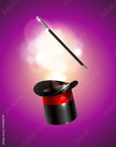 Magic vector background. Vector illustration. Magic cylinder hat and wand with magical glow.