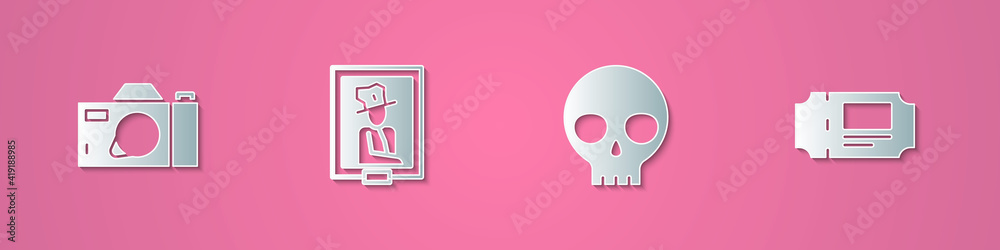 Set paper cut Photo camera, Portrait in museum, Human skull and Museum ticket icon. Paper art style. Vector. Set paper cut Photo camera, Portrait in museum, Human skull and Museum ticket icon. Paper art style. Vector.