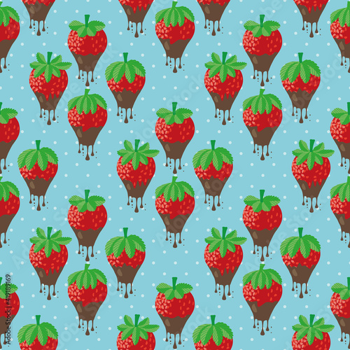 Chocolate dipped strawberry seamless vector pattern background. Painterly red berries dripping with melting molten ganache on blue polka dot backdrop. Fruit confectionery repeat for summer party food