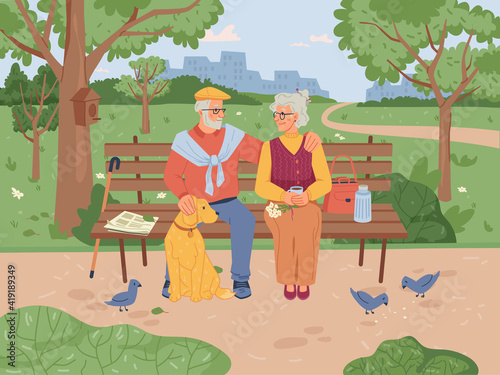 Elderly people sitting on bench in park, feeding pigeon birds, green trees and grass on background. Vector retired old pensioners having fun together, caucasian grandfather and grandmother on seat