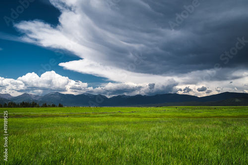 Green field by the mountains on a cloudy day.