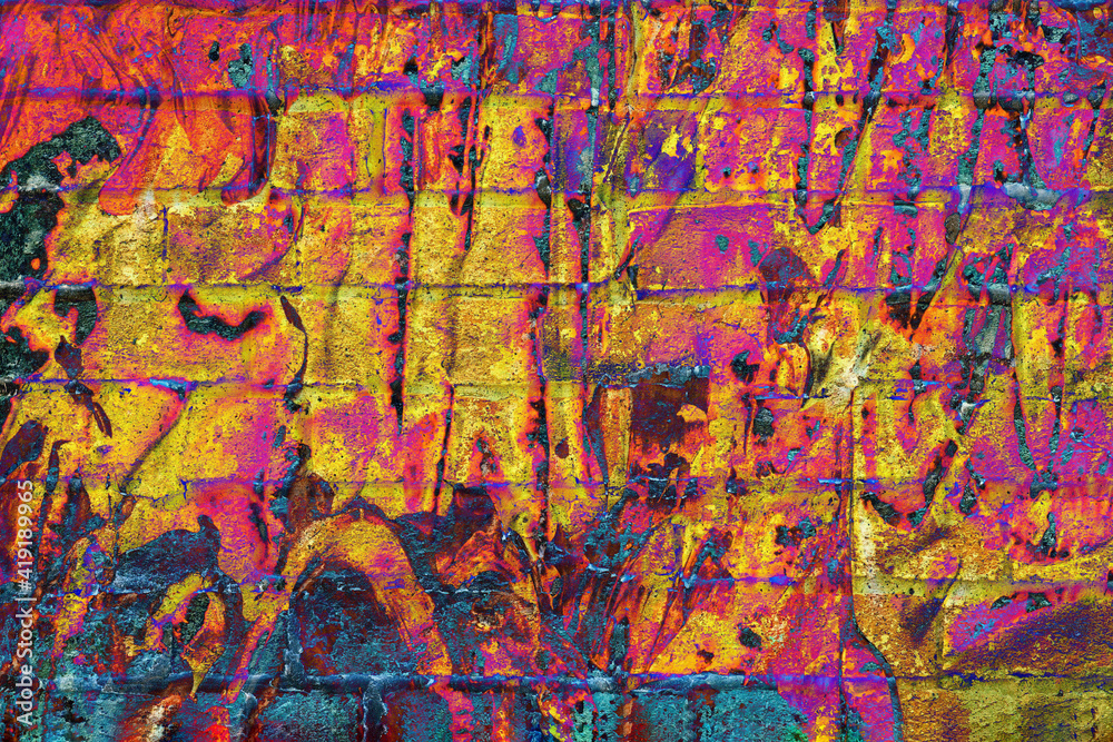 Fototapeta premium Abstract Brick Graffiti wall. Urban street art project close-up. Modern iconic urban culture, colorful background