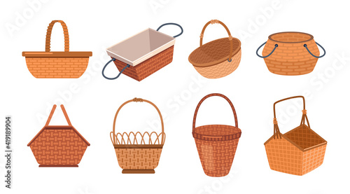 Picnic basket set isolated empty wicker containers in flat cartoon style. Vector traditional lunch or dinner baskets, handmade objects to carry food and drinks. Easter shopper grocery shopping bag