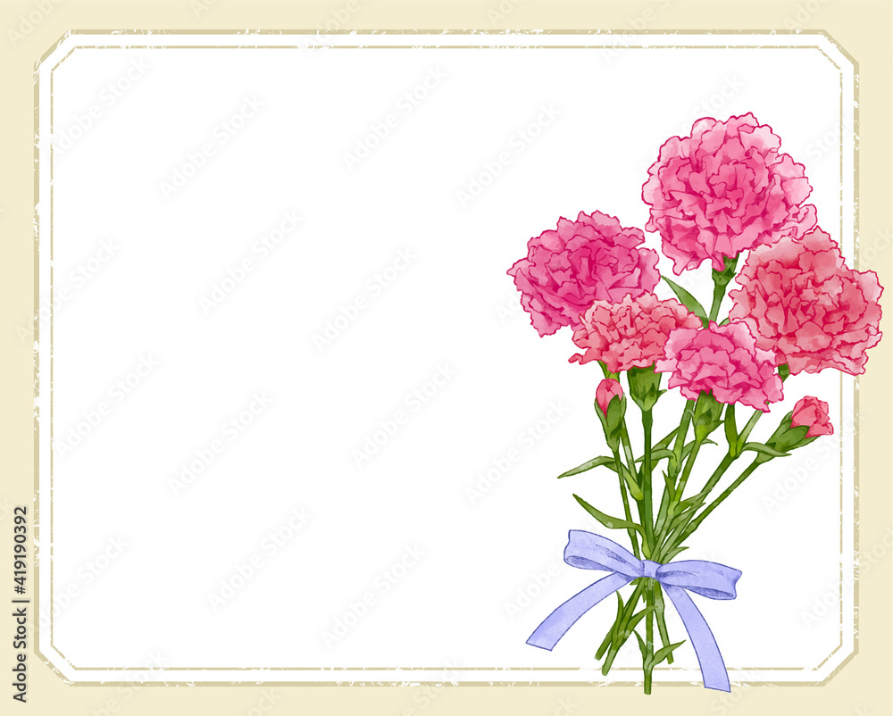 カーネーションの花束のおしゃれなフレーム素材 花の水彩風手描きイラスト Stock Vector Adobe Stock