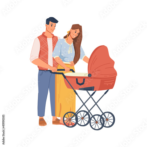 Young parents walking with stroller, flat cartoon people. Vector happy family having fun together, newborn toddler in carriage, mother and father, son or daughter isolated on white, lovely couple