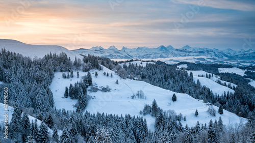 beautiful winter sunrise in snowy Emmental