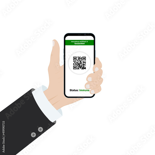 Traveler shows health passport of vaccination certification on phone at airportcovid-19. status: Immune. Vector illustration.