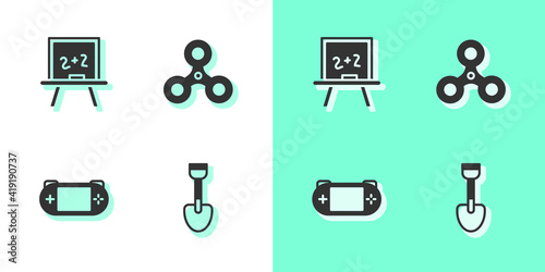 Set Shovel toy, Chalkboard, Portable video game console and Fidget spinner icon. Vector.