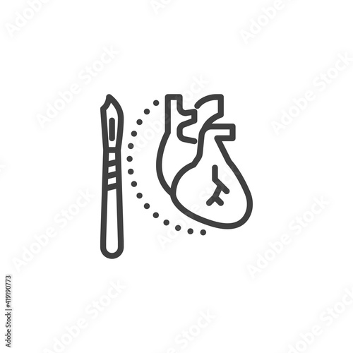 Heart surgery line icon. linear style sign for mobile concept and web design. Heart and scalpel outline vector icon. Cardiology symbol, logo illustration. Vector graphics