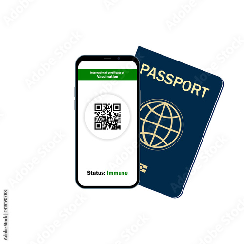 Traveler shows health passport of vaccination certification on phone at airportcovid-19. status: Immune. Vector illustration.